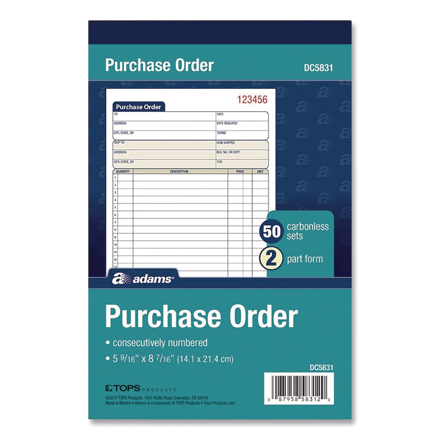Adams Carbonless Purchase Order Statement - Tape Bound - 2 PartCarbonless Copy - 5.56" x 8.43" Sheet Size - 2 x Holes - White, Canary - Assorted Sheet(s) - 1 Each