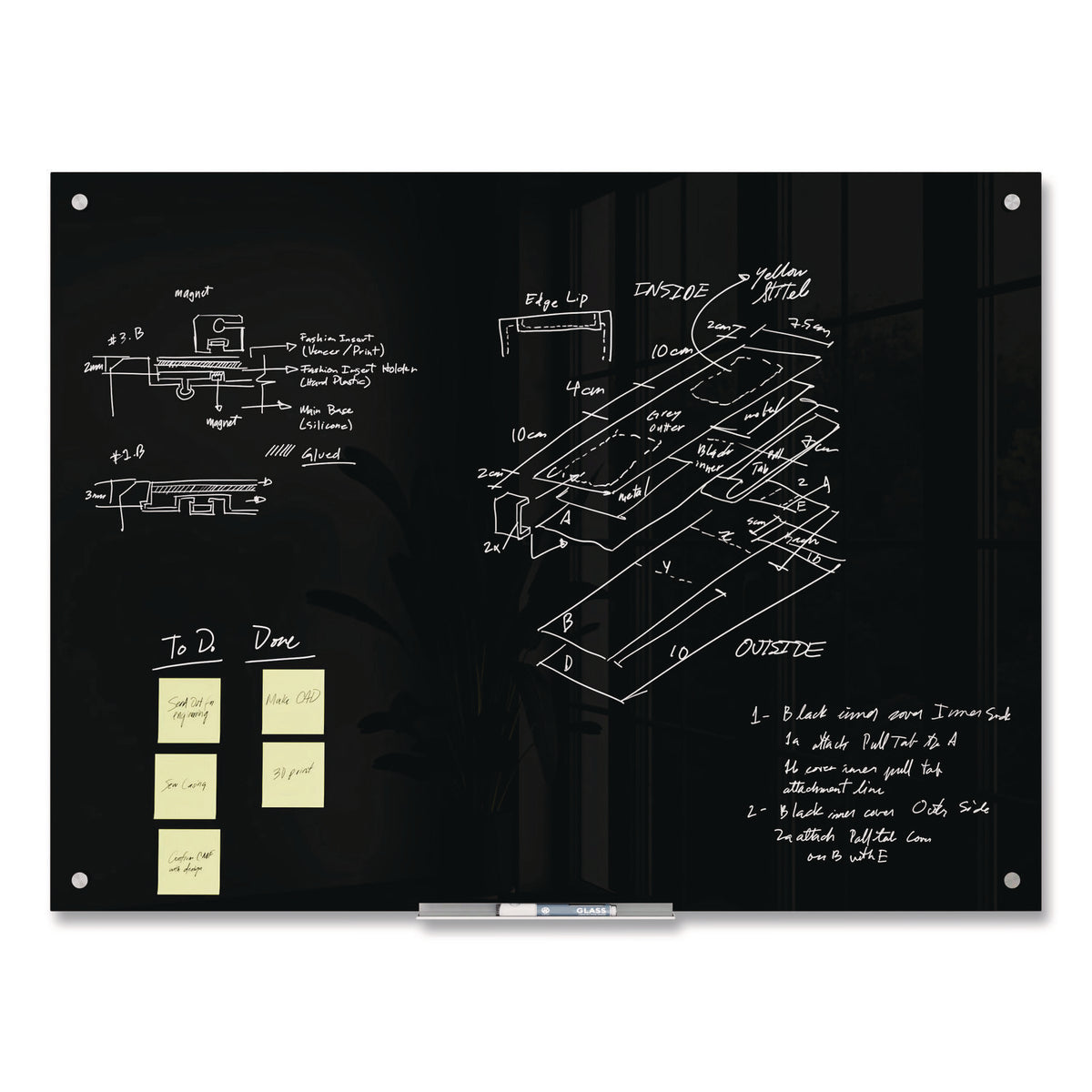 Glass Dry Erase Board, 47 x 35, Black Surface