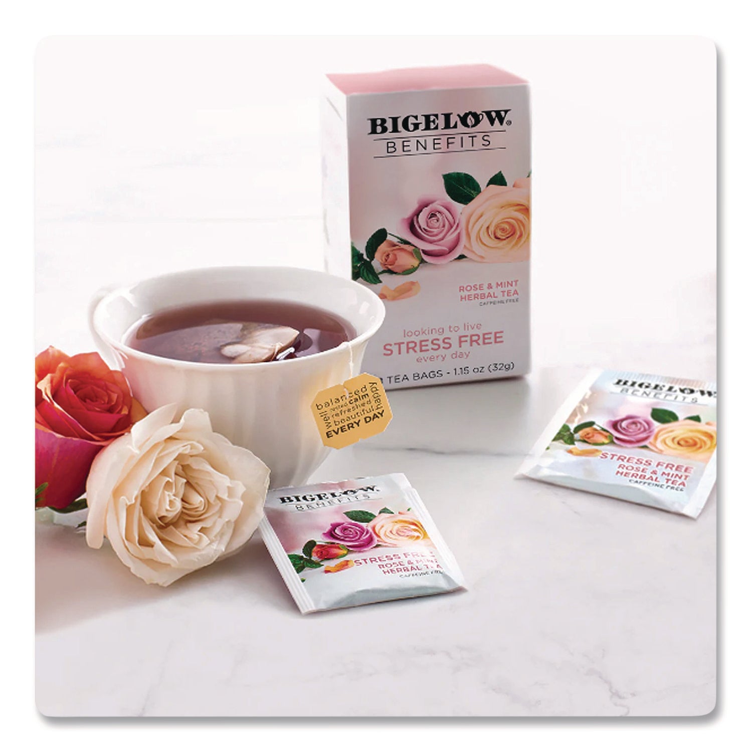 Benefits Rose & Mint Herbal Tea Bags, 0.6 oz Tea Bag, 18/Box