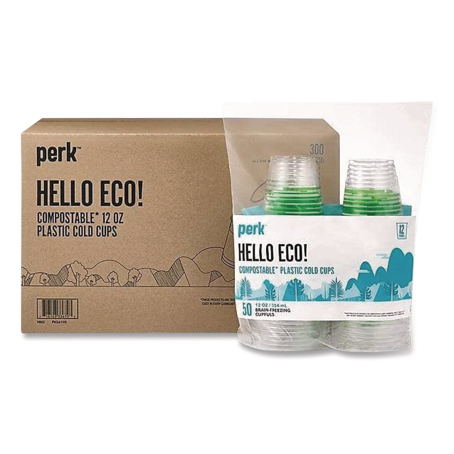 Eco-ID Compostable PLA Corn Plastic Cold Cups, 12 oz, Clear/Green, 50/Pack, 6 Packs/Carton