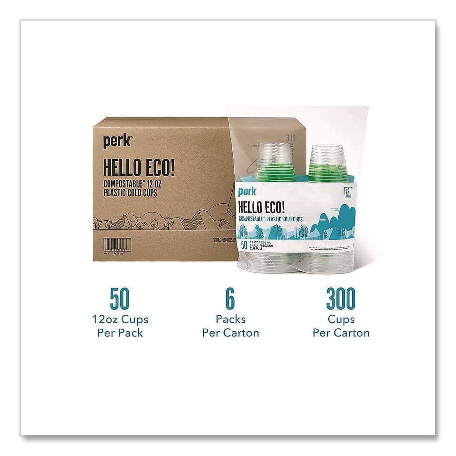 Eco-ID Compostable PLA Corn Plastic Cold Cups, 12 oz, Clear/Green, 50/Pack, 6 Packs/Carton
