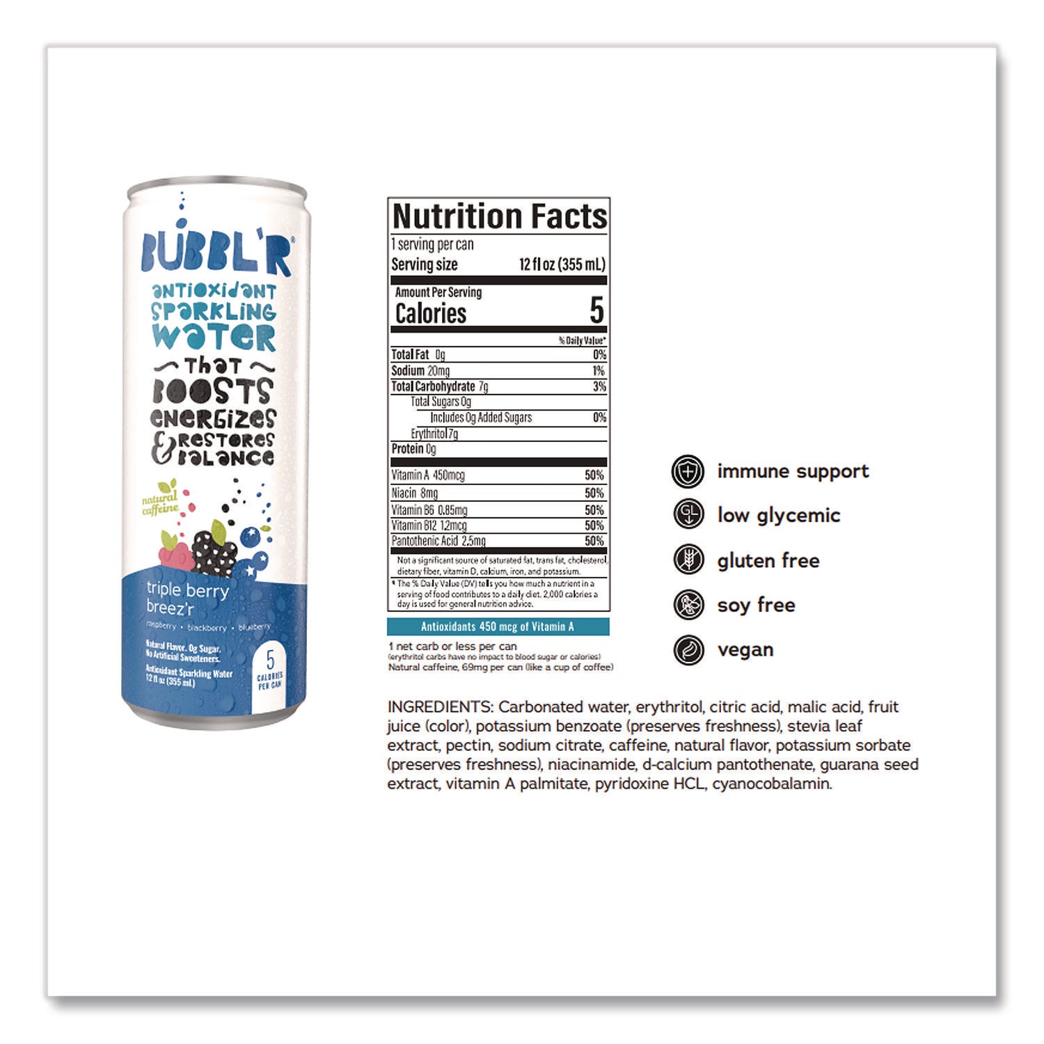 Antioxidant Sparkling Water, Triple Berry Breez'r, 12 oz Can, 12 Cans/Carton