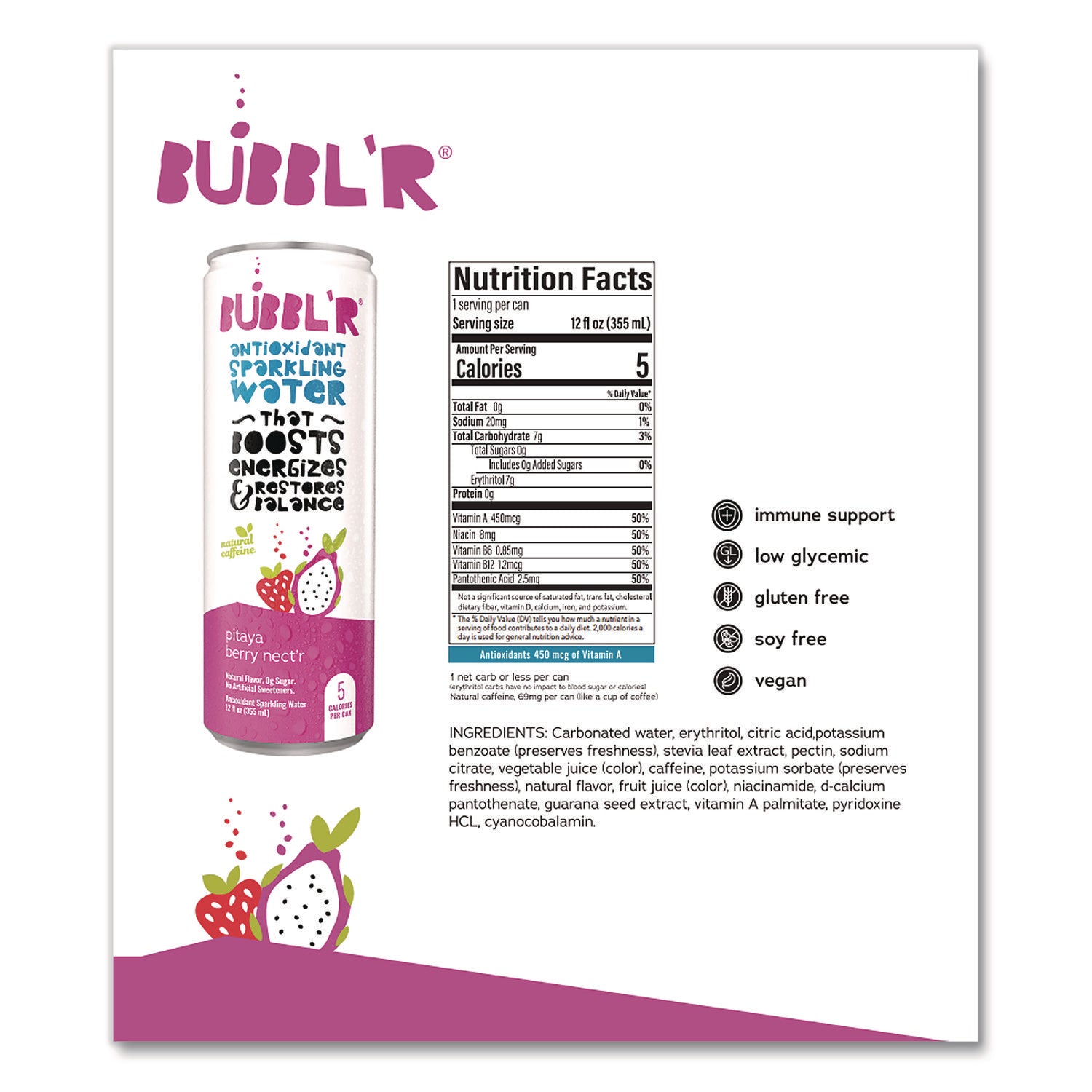 Antioxidant Sparkling Water, Pitaya Berry Nect'r, 12 oz Can, 12 Cans/Carton