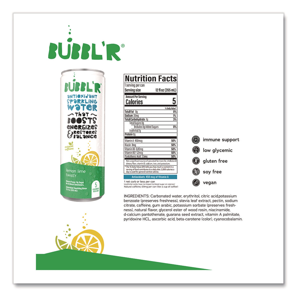 Antioxidant Sparkling Water, Lemon Lime Twist'r, 12 oz Can, 12 Cans/Carton
