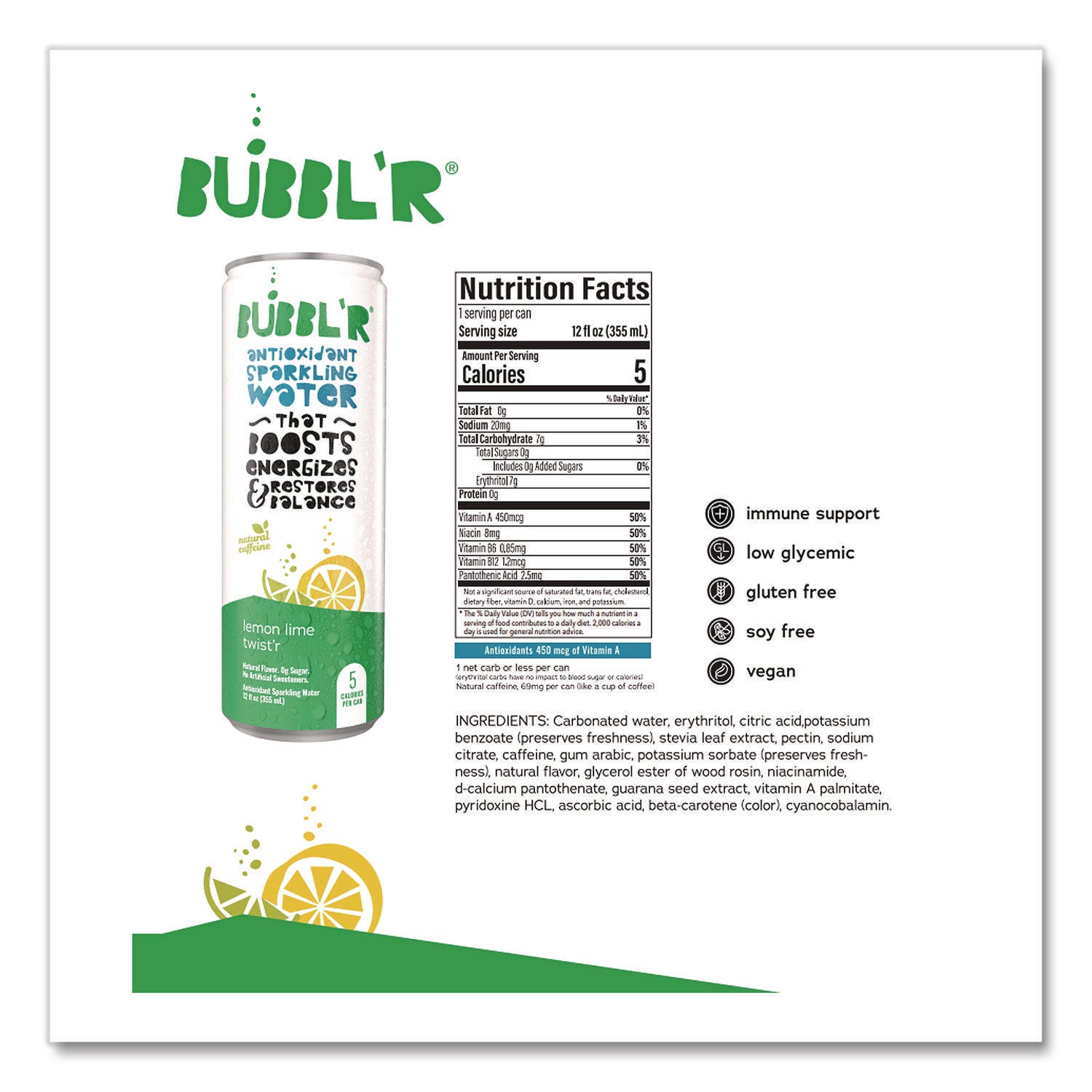 Antioxidant Sparkling Water, Lemon Lime Twist'r, 12 oz Can, 12 Cans/Carton