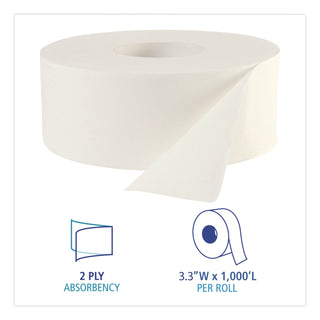 JRT Bath Tissue, Jumbo, Septic Safe, 2-Ply, White, 3.3" x 1,000 ft, 12 Rolls/Carton