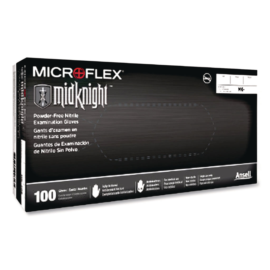 MICROFLEX MidKnight Powder-Free Nitrile Gloves, 4.7 mil Palm, 5.9 mil Fingers, 2X-Large, Black, 100/Box