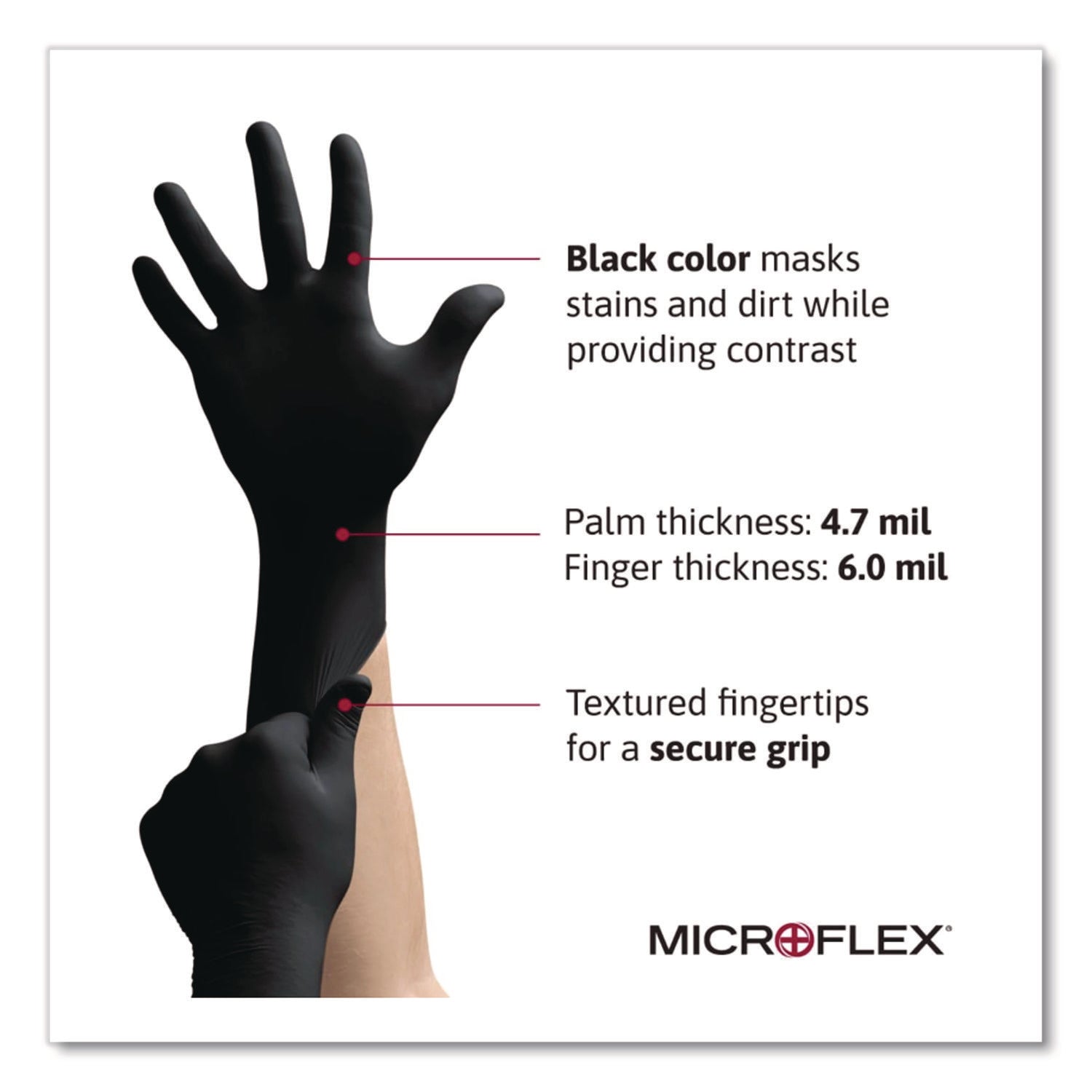 MICROFLEX MidKnight Powder-Free Nitrile Gloves, 4.7 mil Palm, 5.9 mil Fingers, 2X-Large, Black, 100/Box