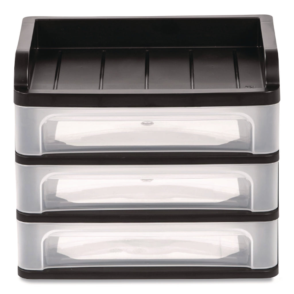 Medium Three-Drawer Desktop Storage, 3 Sections, Letter Size Files, 14.25 x 11.88 x 11.25, Black/Clear