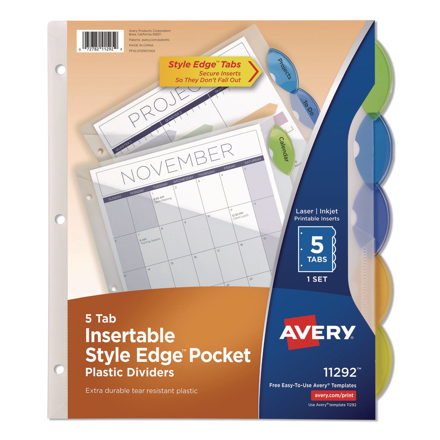 Insertable Style Edge Tab Plastic 1-Pocket Dividers, 5-Tab, 11.25 x 9.25, Translucent, 1 Set