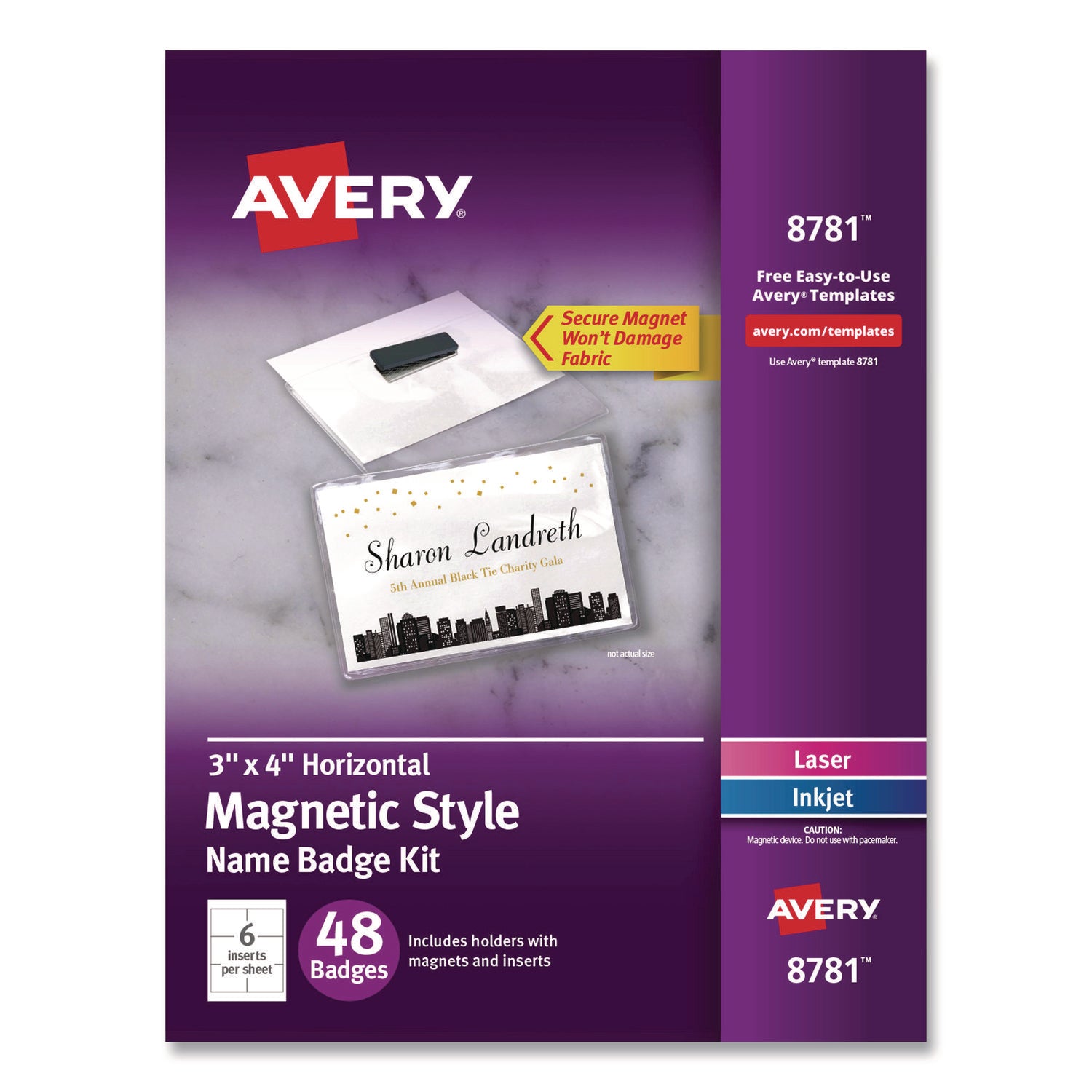 Magnetic Style Name Badge Kit, Horizontal, 4" x 3", White, 48/Pack