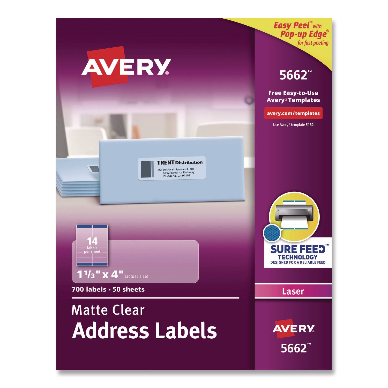 Matte Clear Easy Peel Mailing Labels w/ Sure Feed Technology, Laser Printers, 1.33 x 4, Clear, 14/Sheet, 50 Sheets/Box