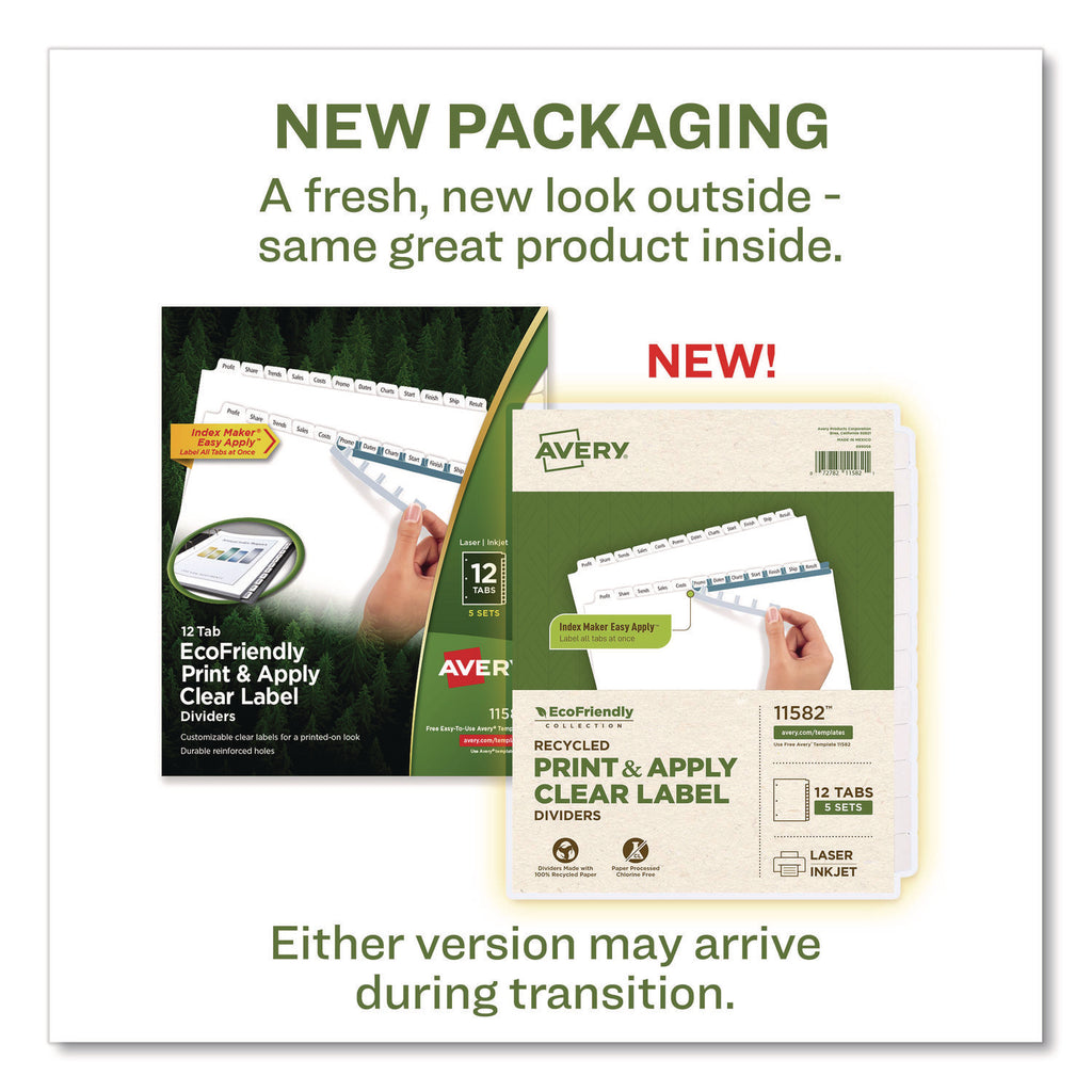 Index Maker EcoFriendly Print and Apply Clear Label Dividers with White Tabs, 12-Tab, 11 x 8.5, White, 5 Sets