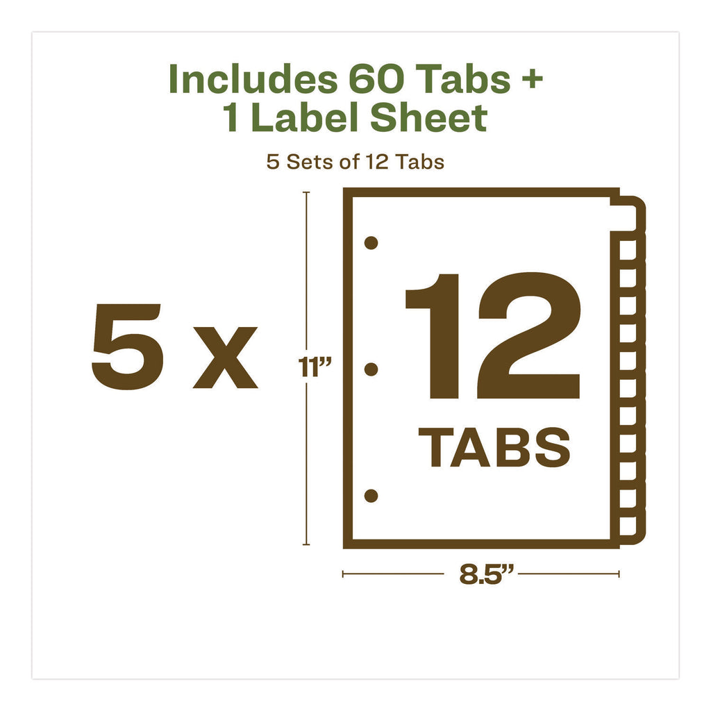 Index Maker EcoFriendly Print and Apply Clear Label Dividers with White Tabs, 12-Tab, 11 x 8.5, White, 5 Sets