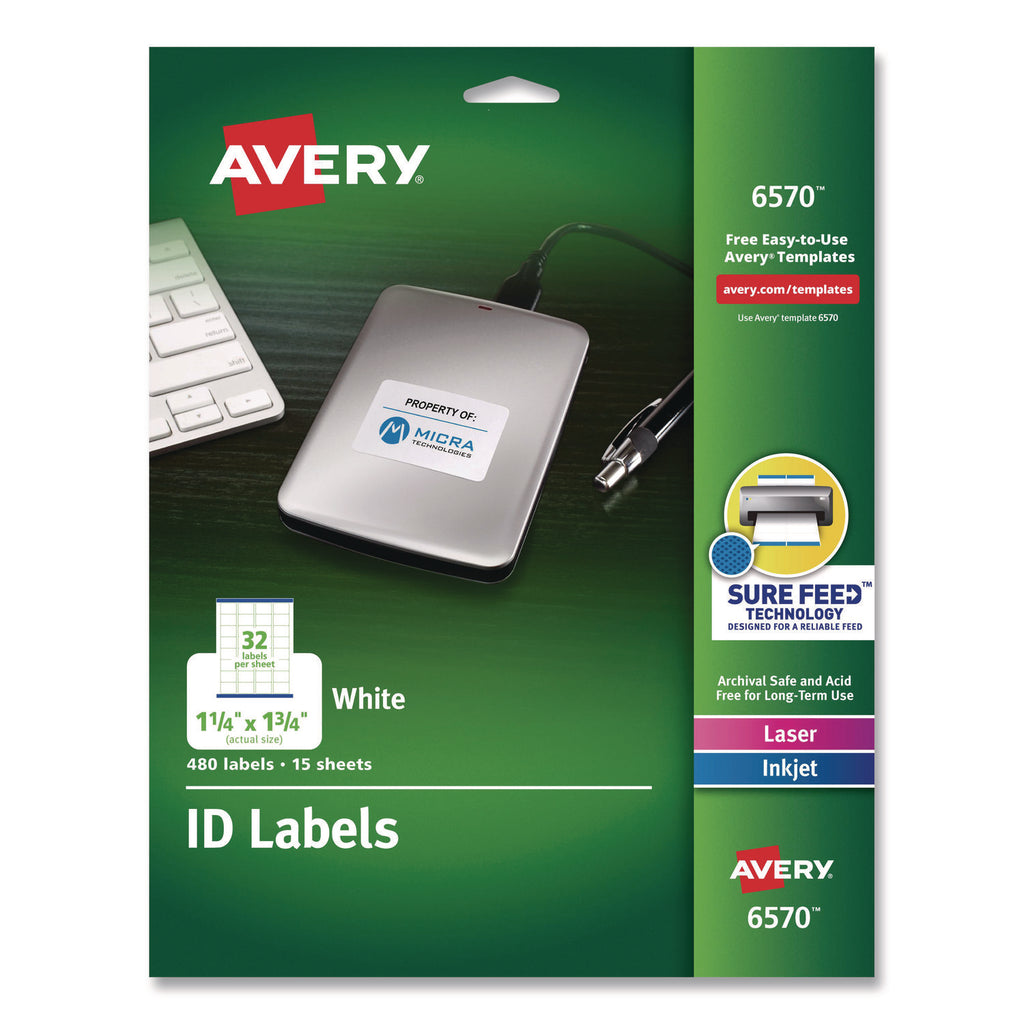 Permanent ID Labels w/ Sure Feed Technology, Inkjet/Laser Printers, 1.25 x 1.75, White, 32/Sheet, 15 Sheets/Pack