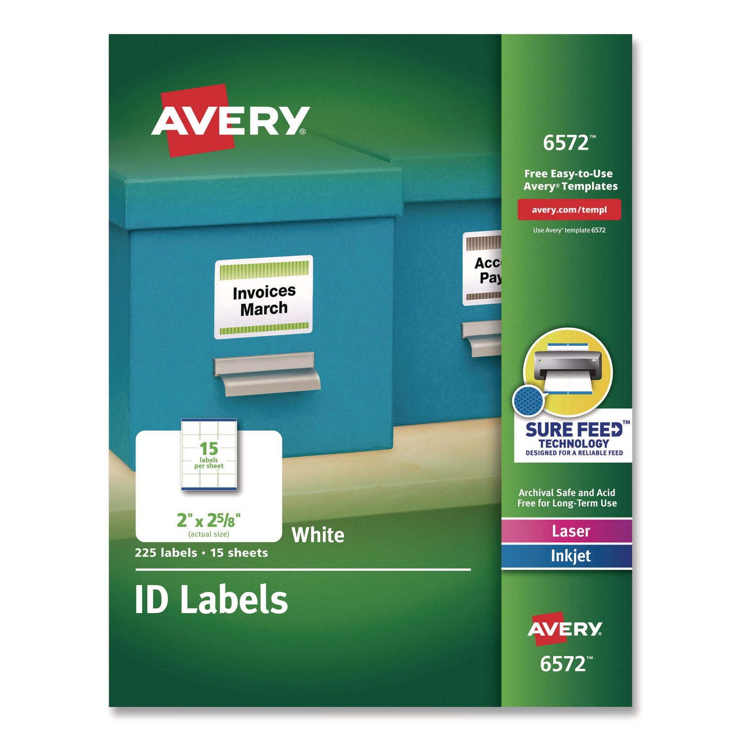 Permanent ID Labels w/ Sure Feed Technology, Inkjet/Laser Printers, 2 x 2.63, White, 15/Sheet, 15 Sheets/Pack