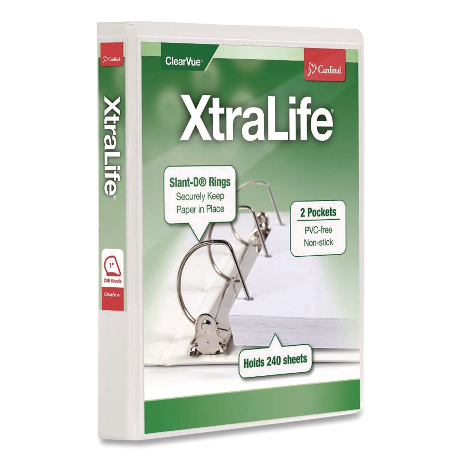 XtraLife ClearVue Non-Stick Locking Slant-D Ring Binder, 3 Rings, 1" Capacity, 11 x 8.5, White