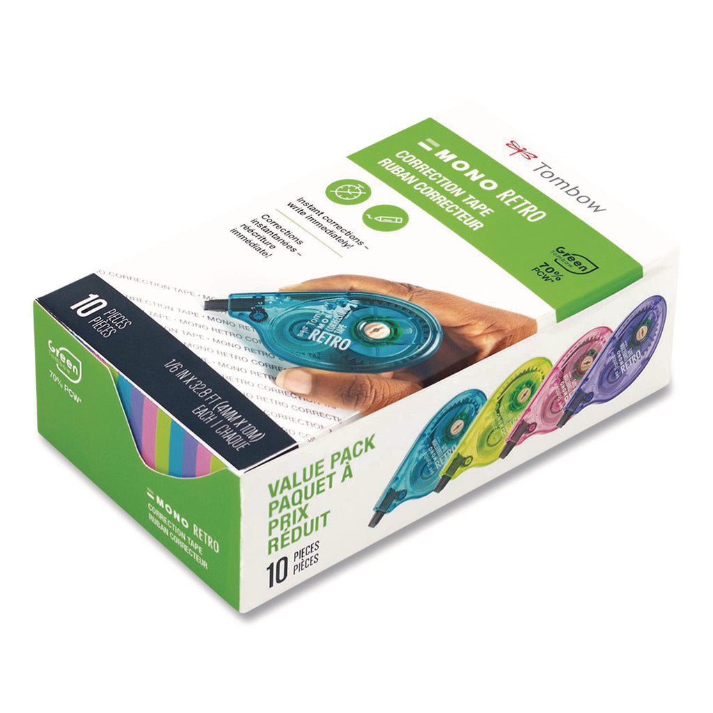 MONO Original Correction Tape, Assorted RetroColor Applicators, 0.17" x 394", 10/Pack