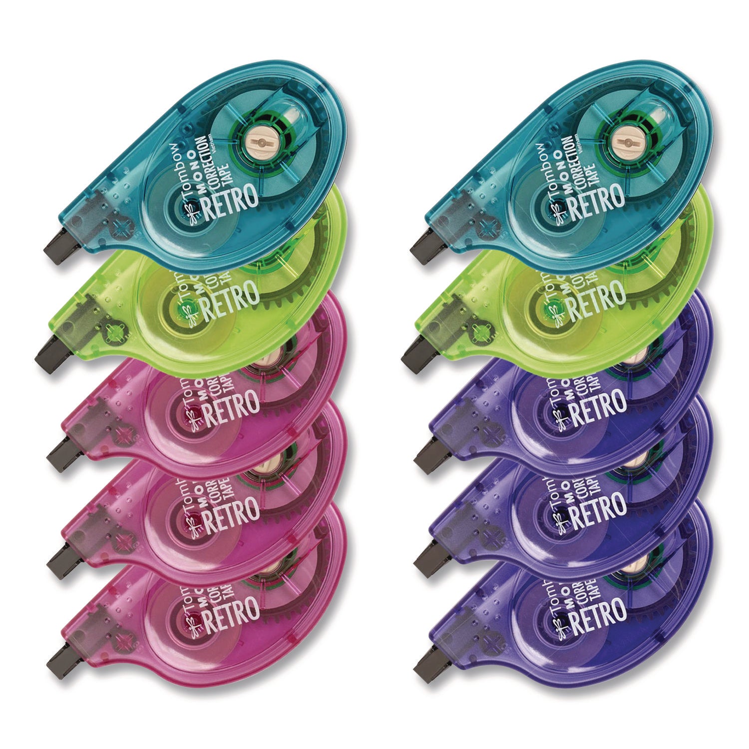 MONO Original Correction Tape, Assorted RetroColor Applicators, 0.17" x 394", 10/Pack