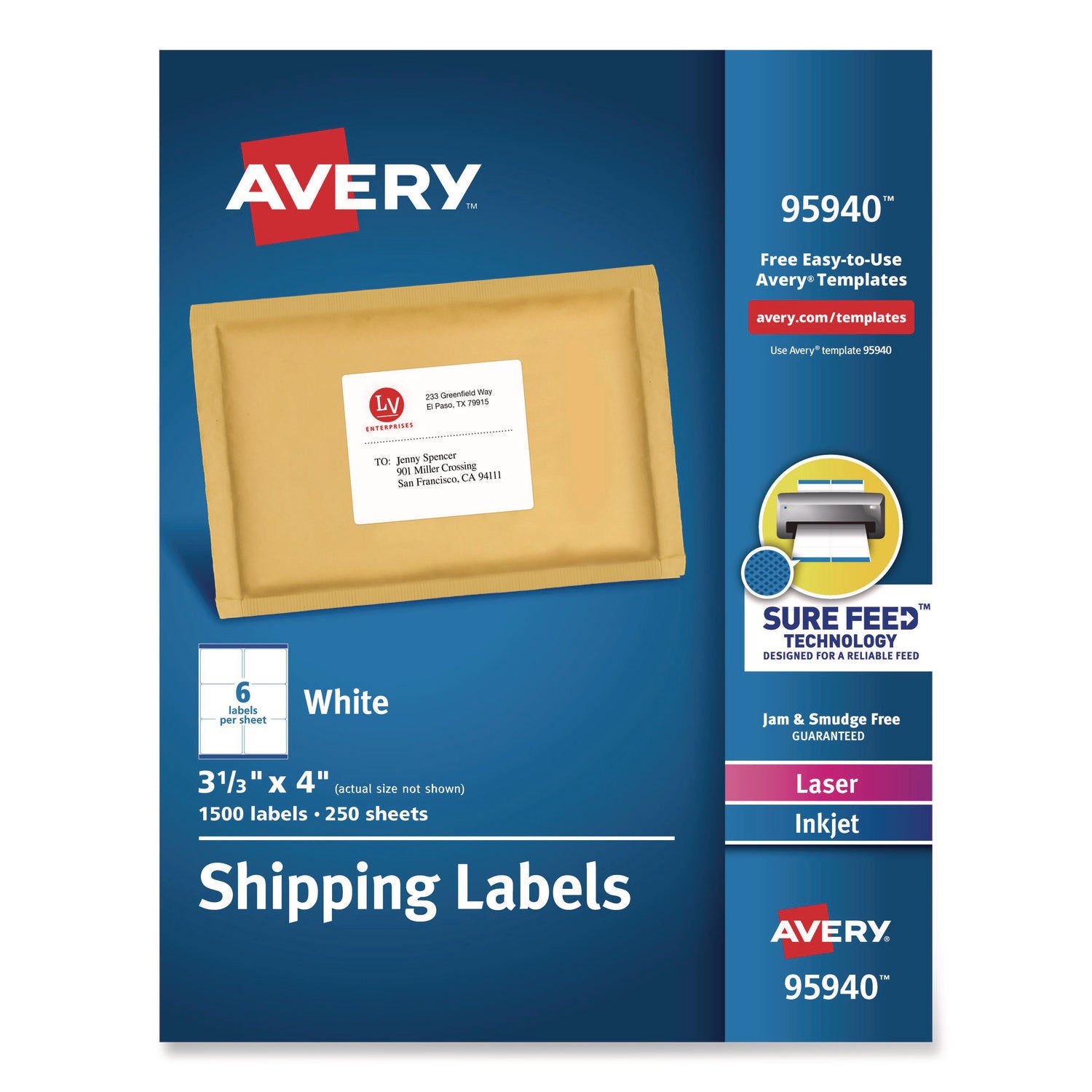 White Shipping Labels-Bulk Packs, Inkjet/Laser Printers, 3.33 x 4, White, 6/Sheet, 250 Sheets/Box