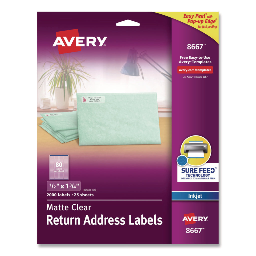 Matte Clear Easy Peel Mailing Labels with Sure Feed Technology, Inkjet Printers, 0.5 x 1.75, Clear, 80/Sheet, 25 Sheets/Pack