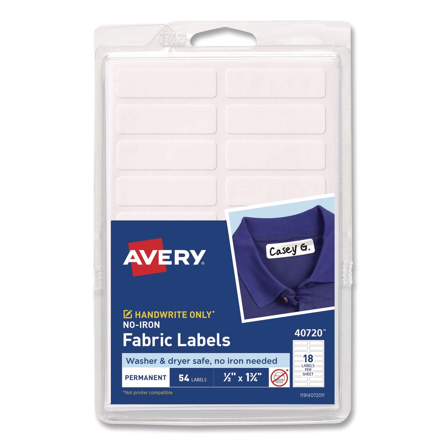 No-Iron Fabric Labels, 0.5 x 1.75, White, 18/Sheet, 3 Sheets/Pack