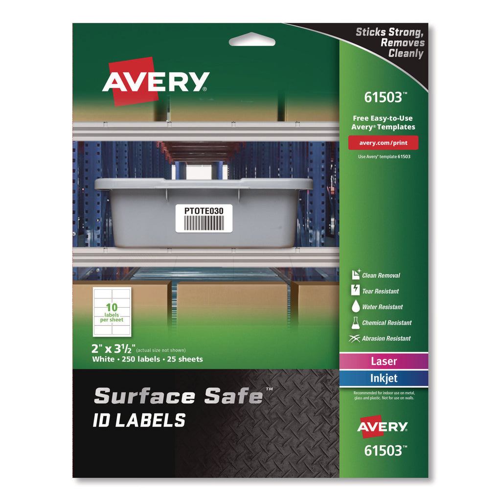 Surface Safe ID Labels, Inkjet/Laser Printers, 2 x 3.5, White, 10/Sheet, 25 Sheets/Pack