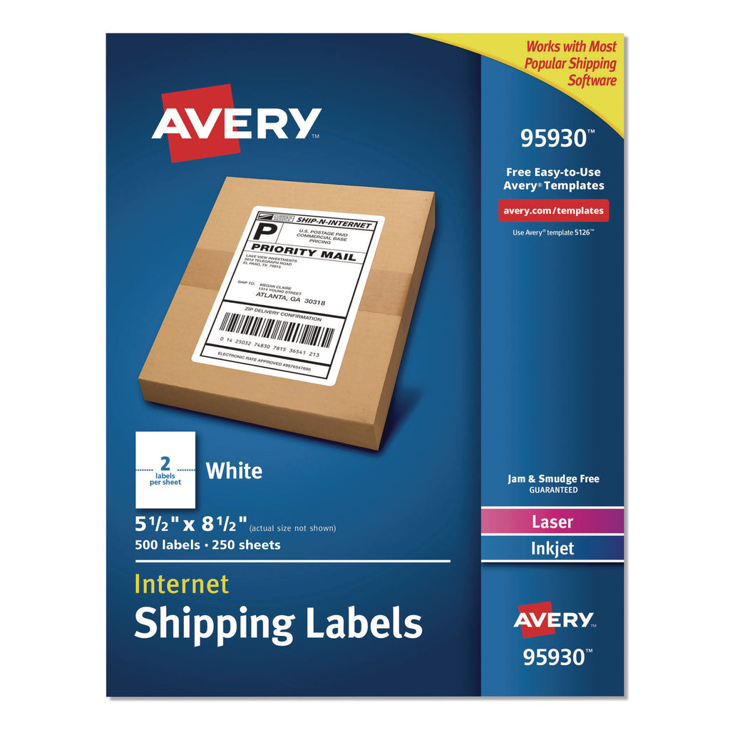 White Shipping Labels-Bulk Packs, Inkjet/Laser Printers, 5.5 x 8.5, White, 2/Sheet, 250 Sheets/Box