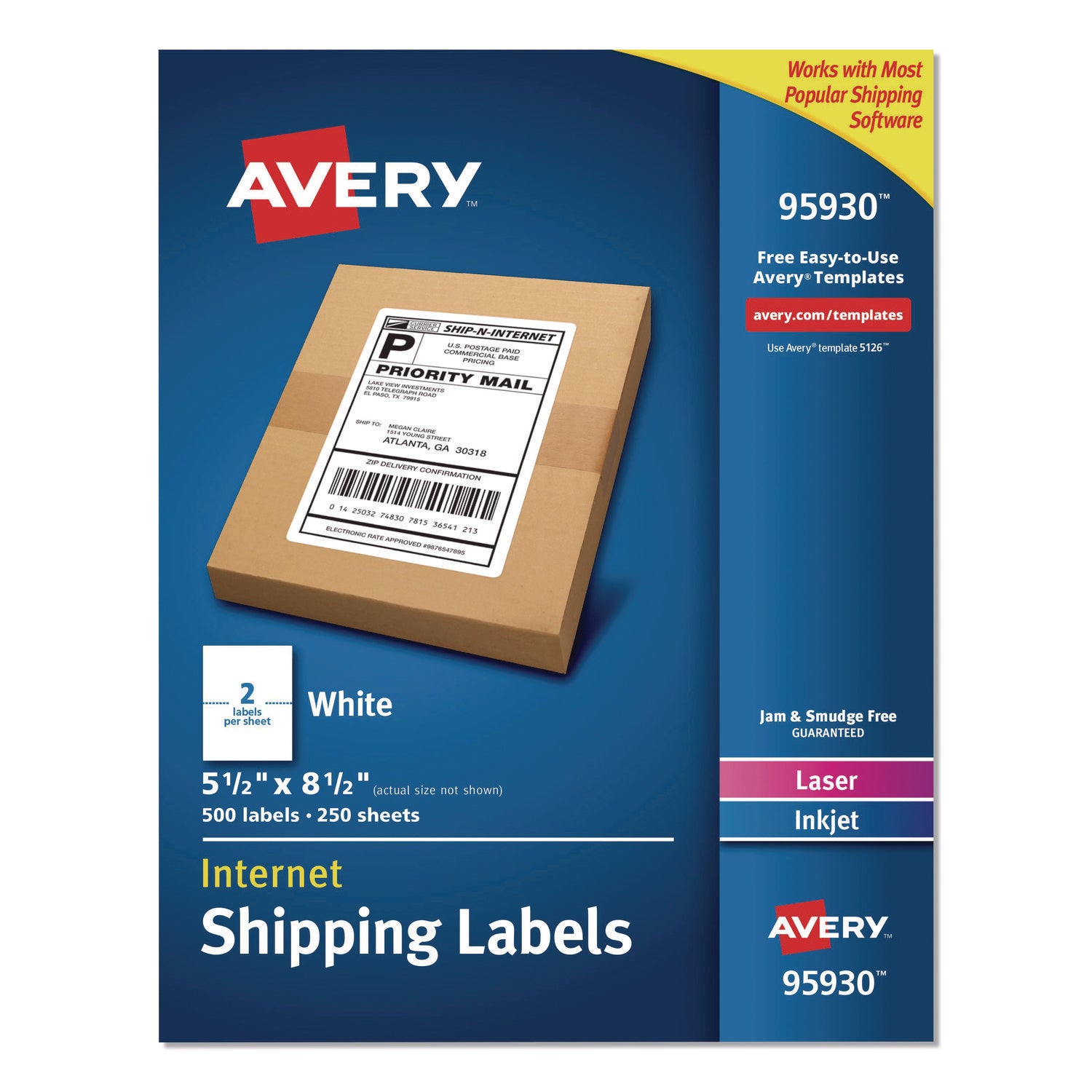 White Shipping Labels-Bulk Packs, Inkjet/Laser Printers, 5.5 x 8.5, White, 2/Sheet, 250 Sheets/Box