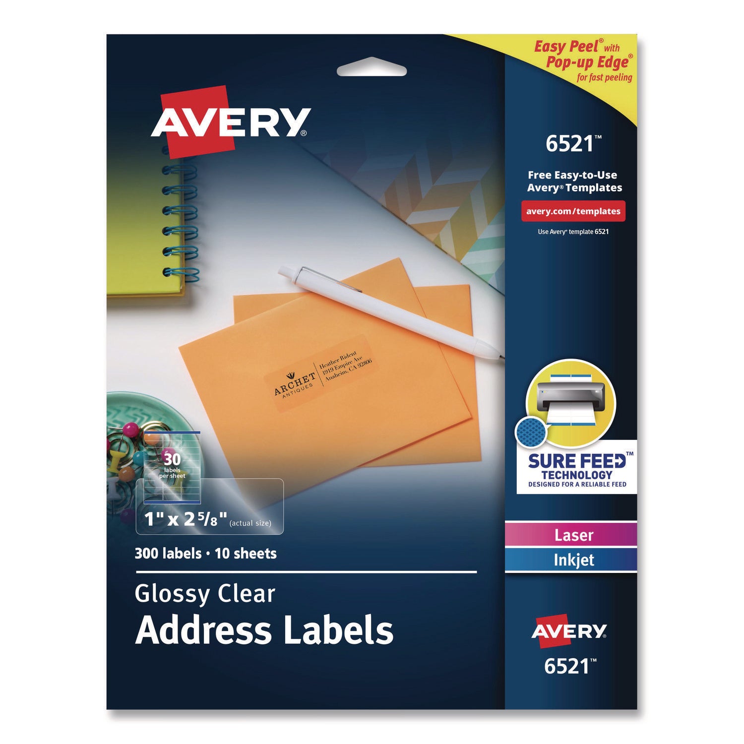 Glossy Clear Easy Peel Mailing Labels w/ Sure Feed Technology, Inkjet/Laser Printers, 1 x 2.63, 30/Sheet, 10 Sheets/Pack