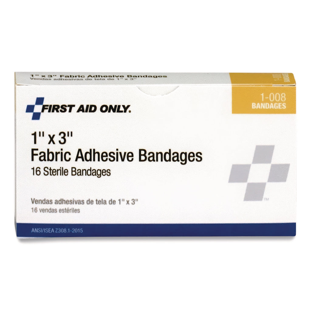 First Aid Only Fabric Adhesive Bandages - 1" x 3" - 1Each - 16 Per Box - White - Fabric
