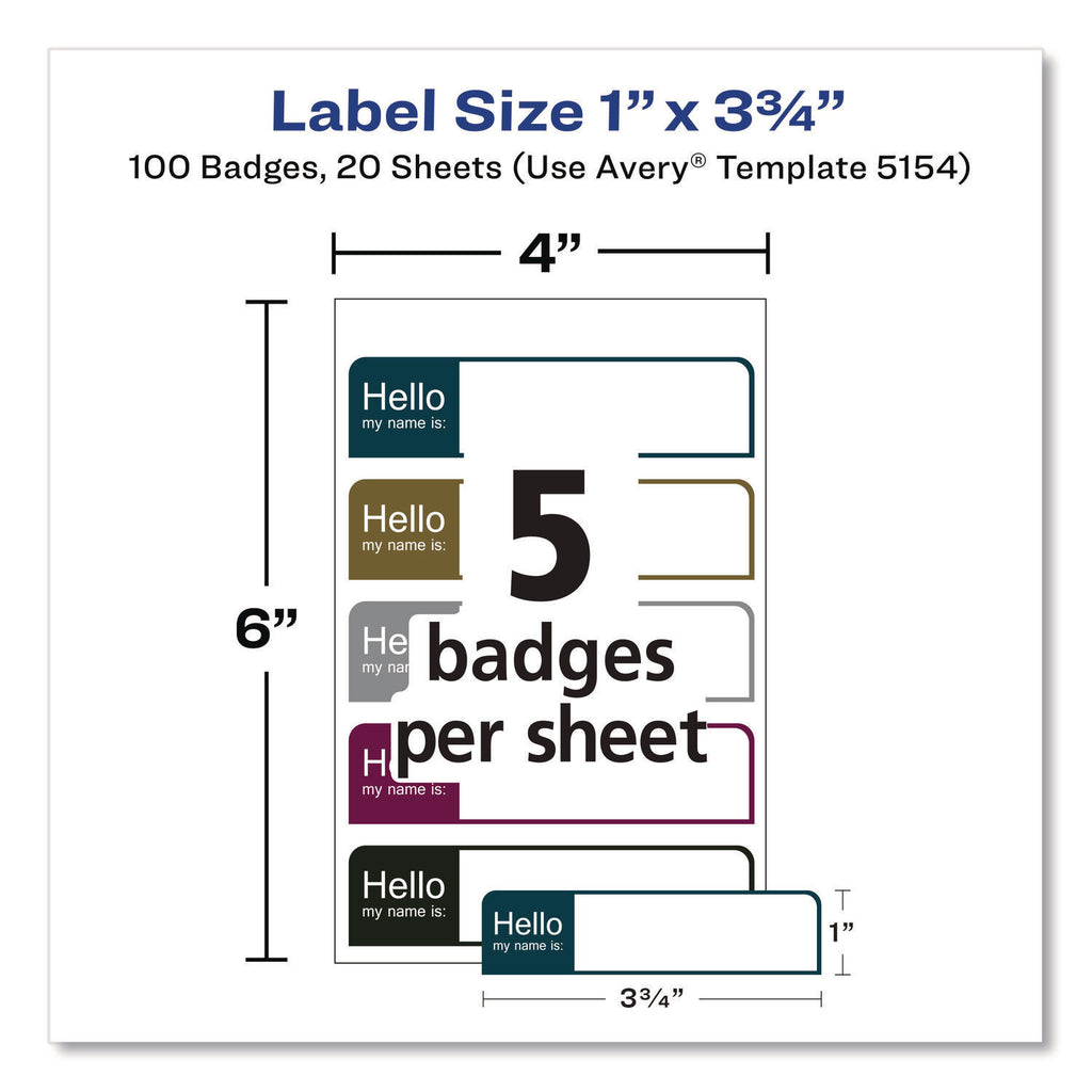 Flexible Self-Adhesive Mini Name Badge Labels, 1 x 3.75, Hello, Assorted, 100/Pack