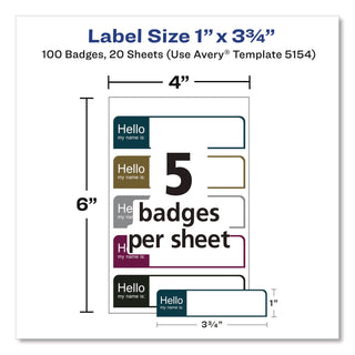 Flexible Self-Adhesive Mini Name Badge Labels, 1 x 3.75, Hello, Assorted, 100/Pack