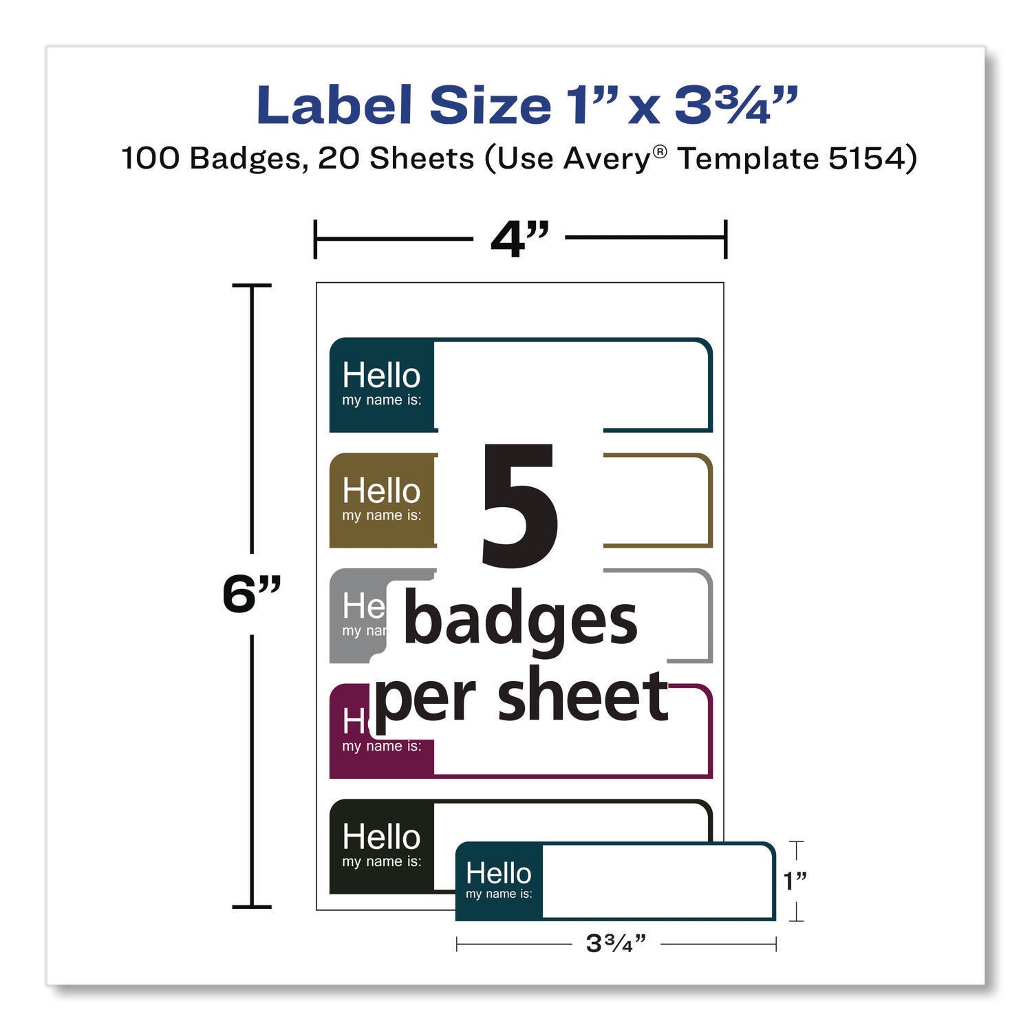 Flexible Self-Adhesive Mini Name Badge Labels, 1 x 3.75, Hello, Assorted, 100/Pack
