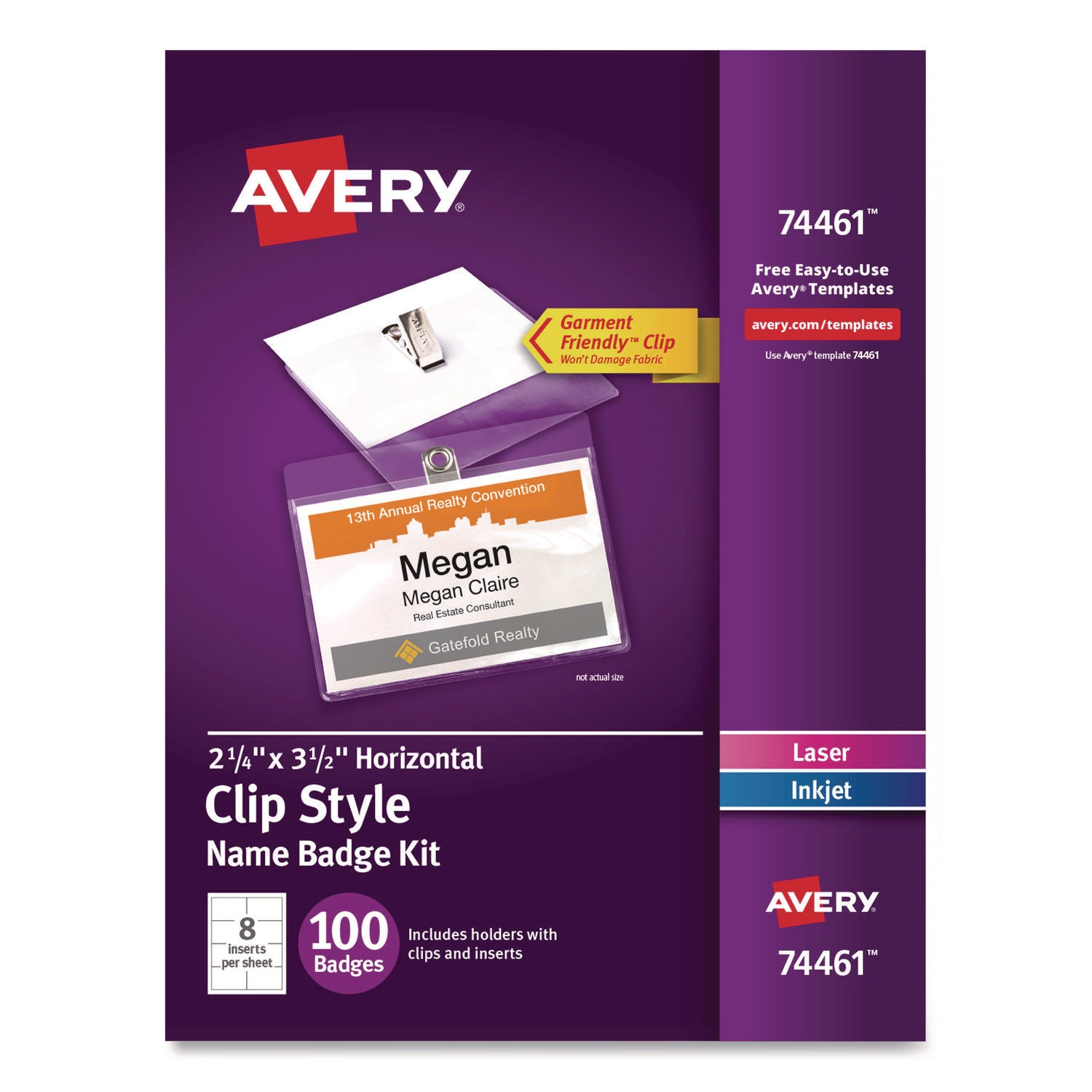 Clip-Style Badge Holder with Laser/Inkjet Insert, Top Load, 3.5 x 2.25, White, 100/Box