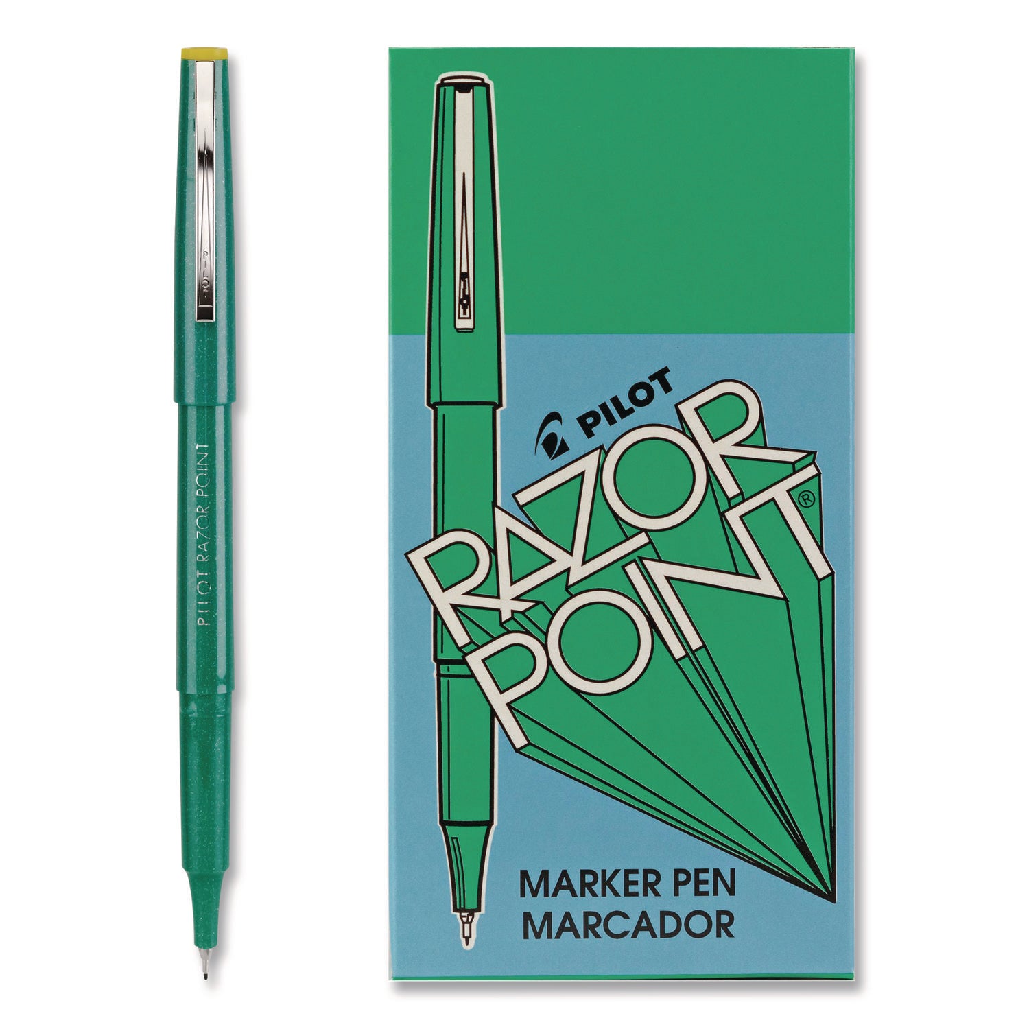 Razor Point Fine Line Porous Point Pen, Stick, Extra-Fine 0.3 mm, Green Ink, Green Barrel, Dozen