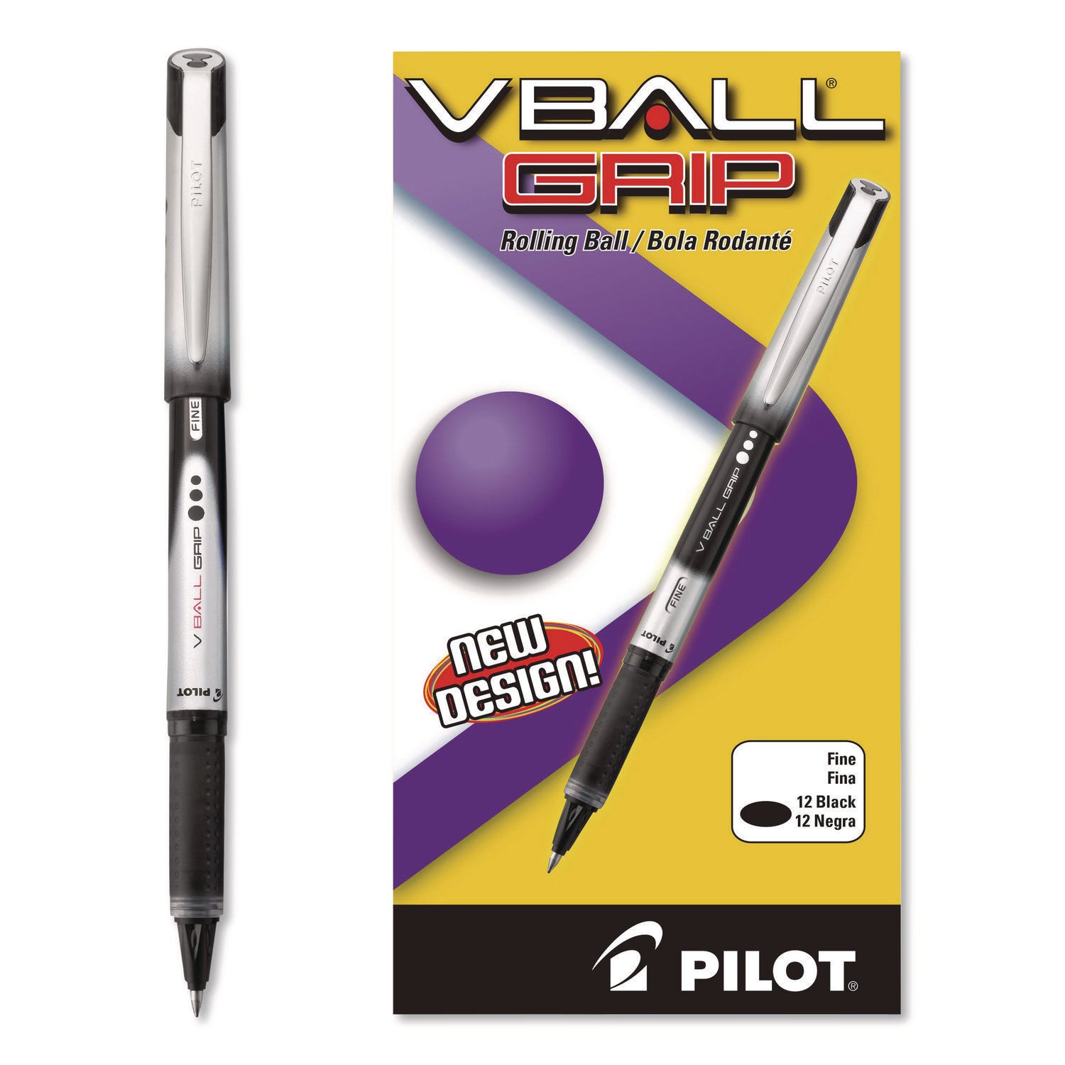 VBall Grip Liquid Ink Roller Ball Pen, Stick, Fine 0.7 mm, Black Ink, Black/Silver Barrel, Dozen