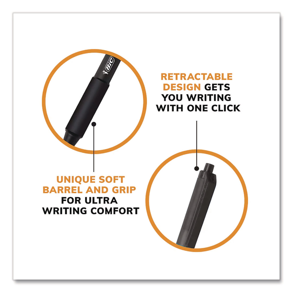BIC SoftFeel Retractable Ball Pens - Fine Pen Point - Retractable - Black - Black Rubber Barrel - 1 Dozen
