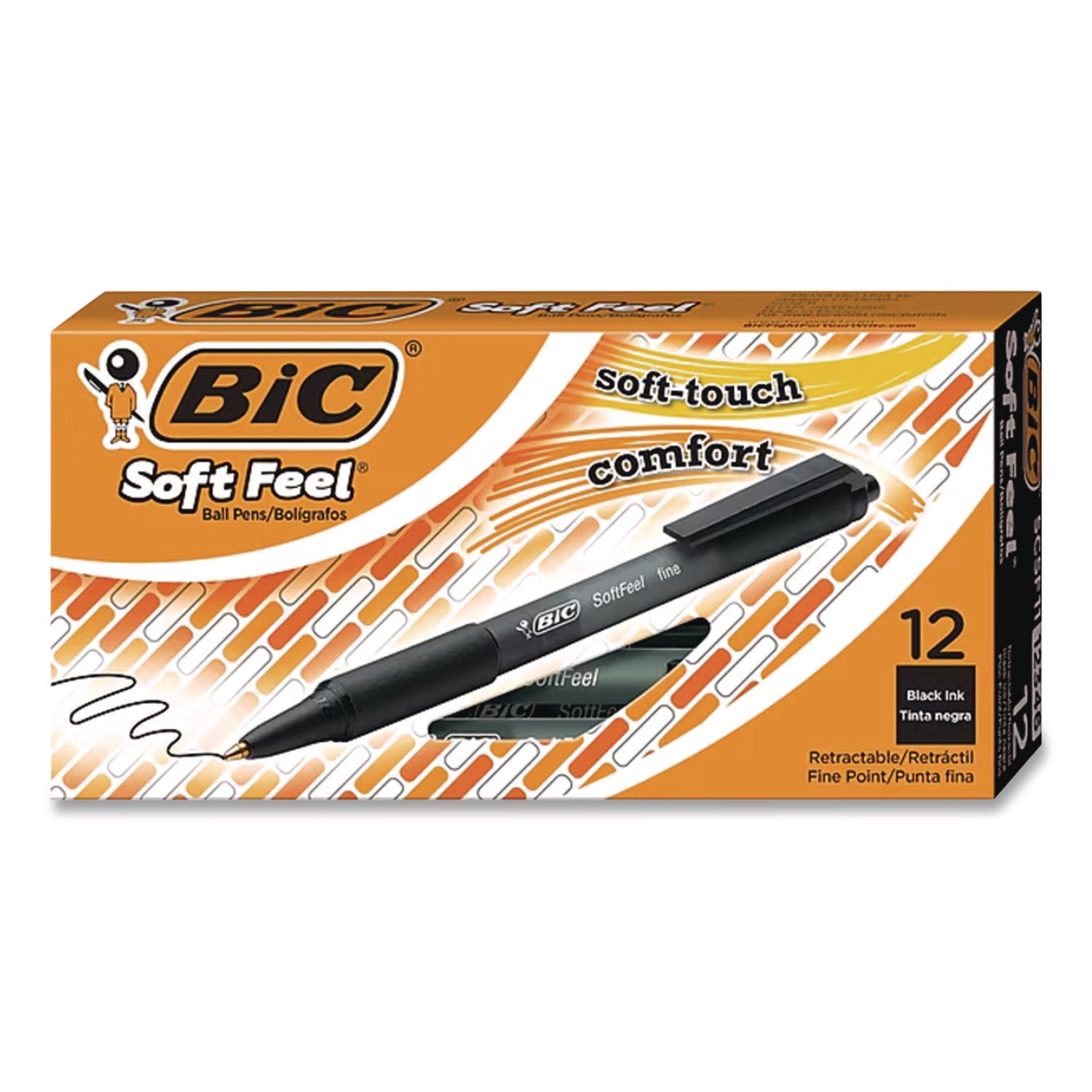 BIC SoftFeel Retractable Ball Pens - Fine Pen Point - Retractable - Black - Black Rubber Barrel - 1 Dozen