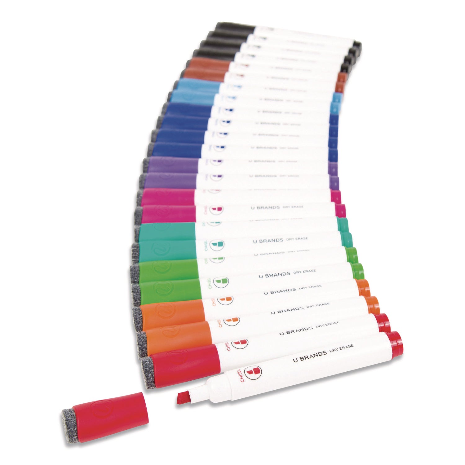 Chisel Tip Low-Odor Dry-Erase Markers with Erasers, Broad Chisel Tip, Assorted Colors, 24/Pack