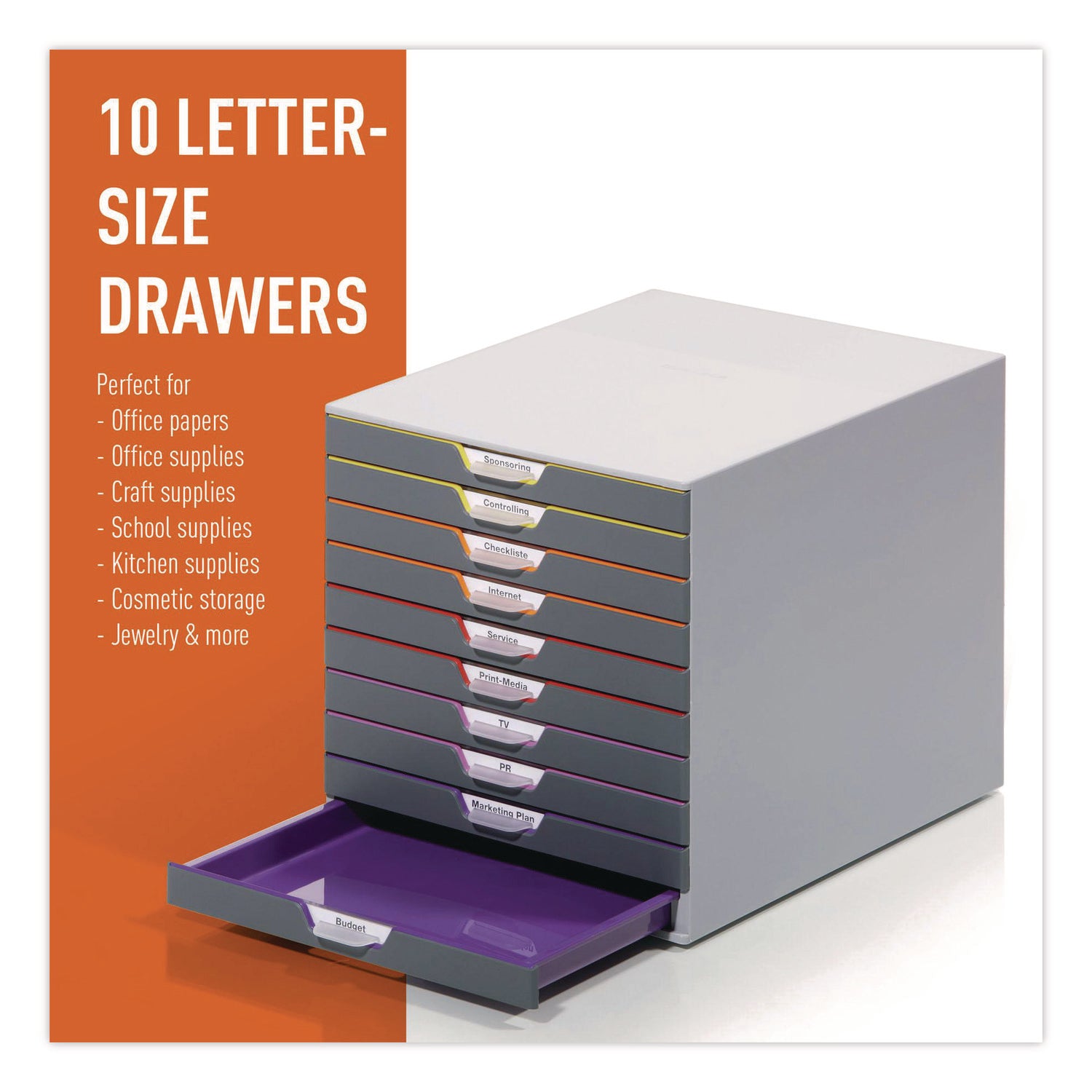 VARICOLOR Stackable Plastic Drawer Box, 10 Drawers, Letter to Folio Size Files, 11.5" x 14" x 11", Gray