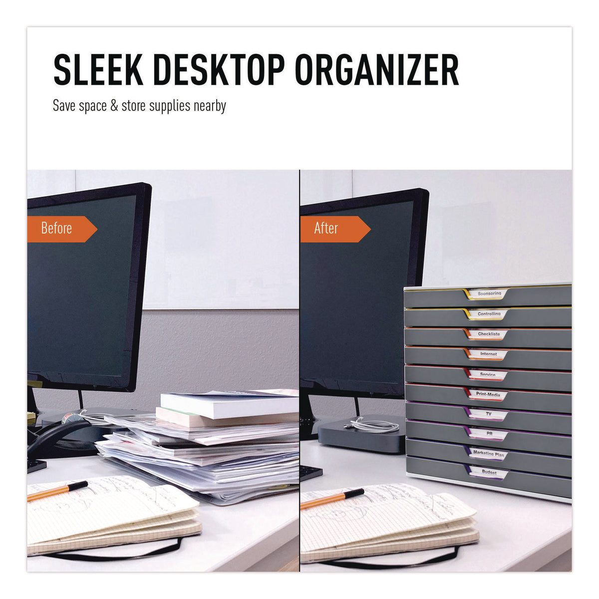 VARICOLOR Stackable Plastic Drawer Box, 10 Drawers, Letter to Folio Size Files, 11.5" x 14" x 11", Gray