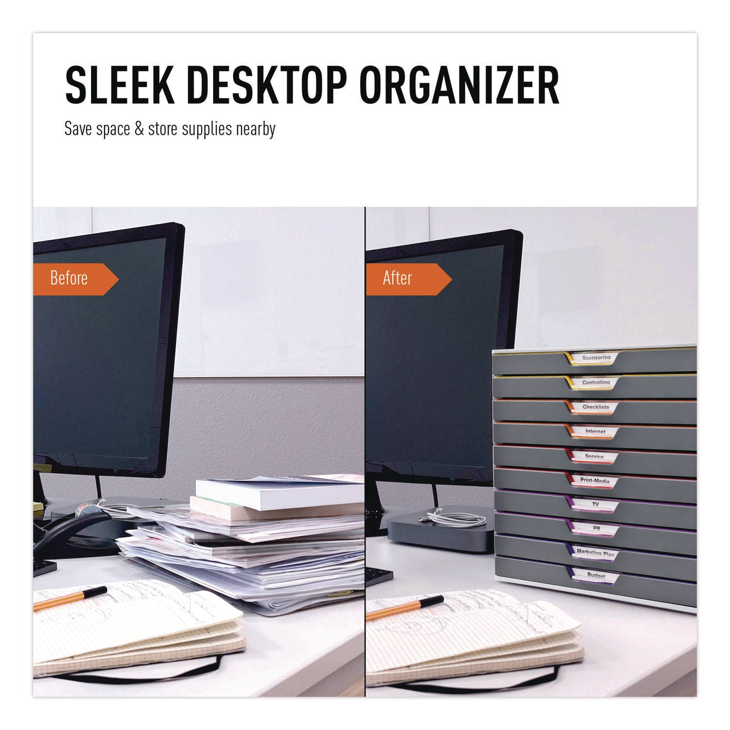 VARICOLOR Stackable Plastic Drawer Box, 10 Drawers, Letter to Folio Size Files, 11.5" x 14" x 11", Gray