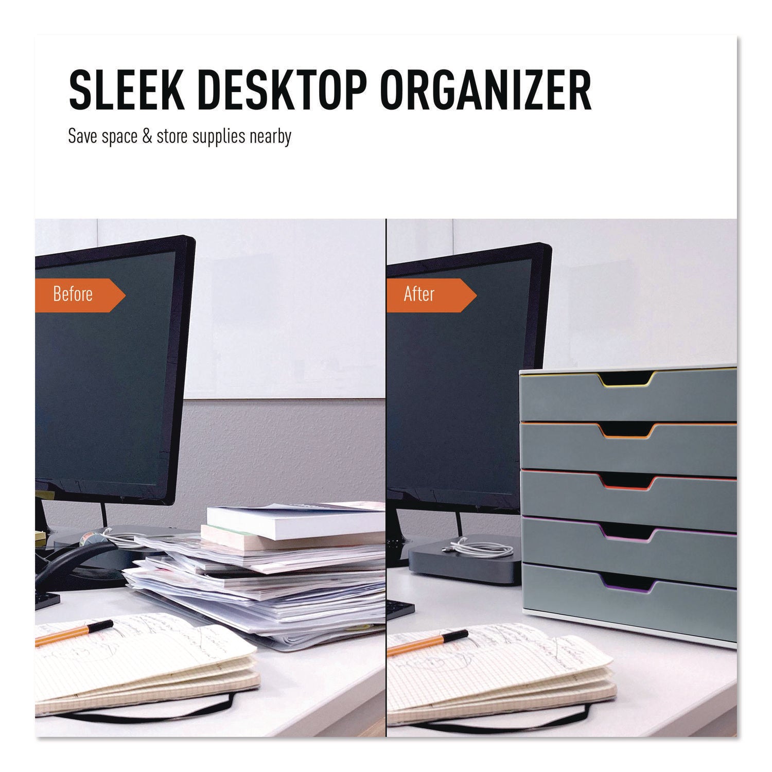 VARICOLOR Stackable Plastic Drawer Box, 5 Drawers, Letter to Folio Size Files, 11.5" x 14" x 11", Gray
