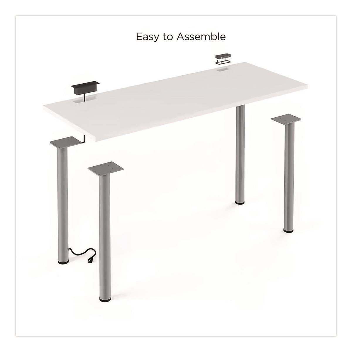 Essentials Writing Table-Desk with Integrated Power Management, 59.7" x 29.3" x 28.8", White/Aluminum