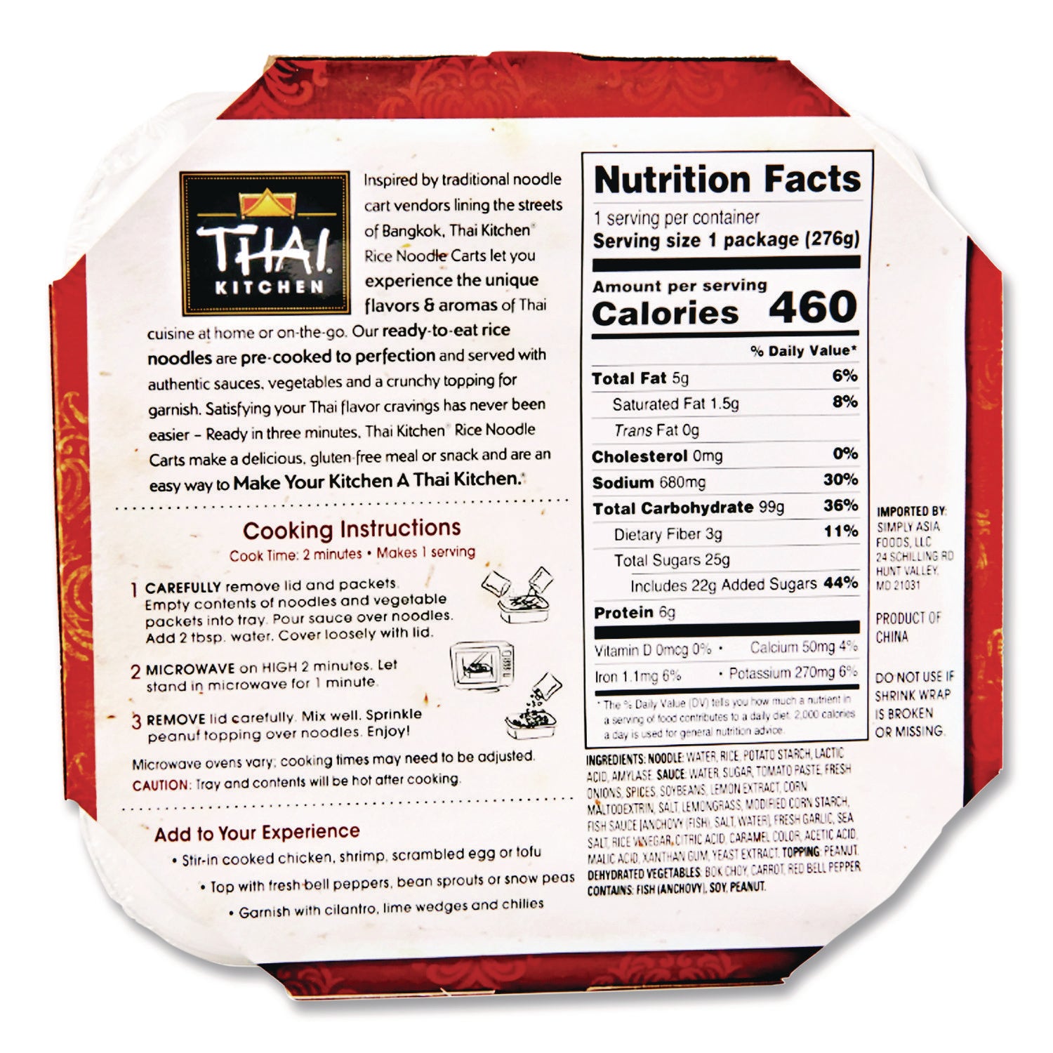 Thai Kitchen Pad Thai Rice Noodle Cart, 9.77 oz Individually Wrapped, 6/Carton