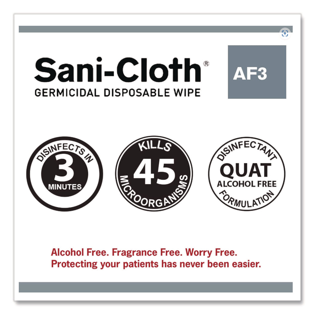 Sani-Cloth AF3 Germicidal Disposable Wipes, Large, 1-Ply, 8" x 5", Unscented, White, 50/Pack, 10 Packs/Carton