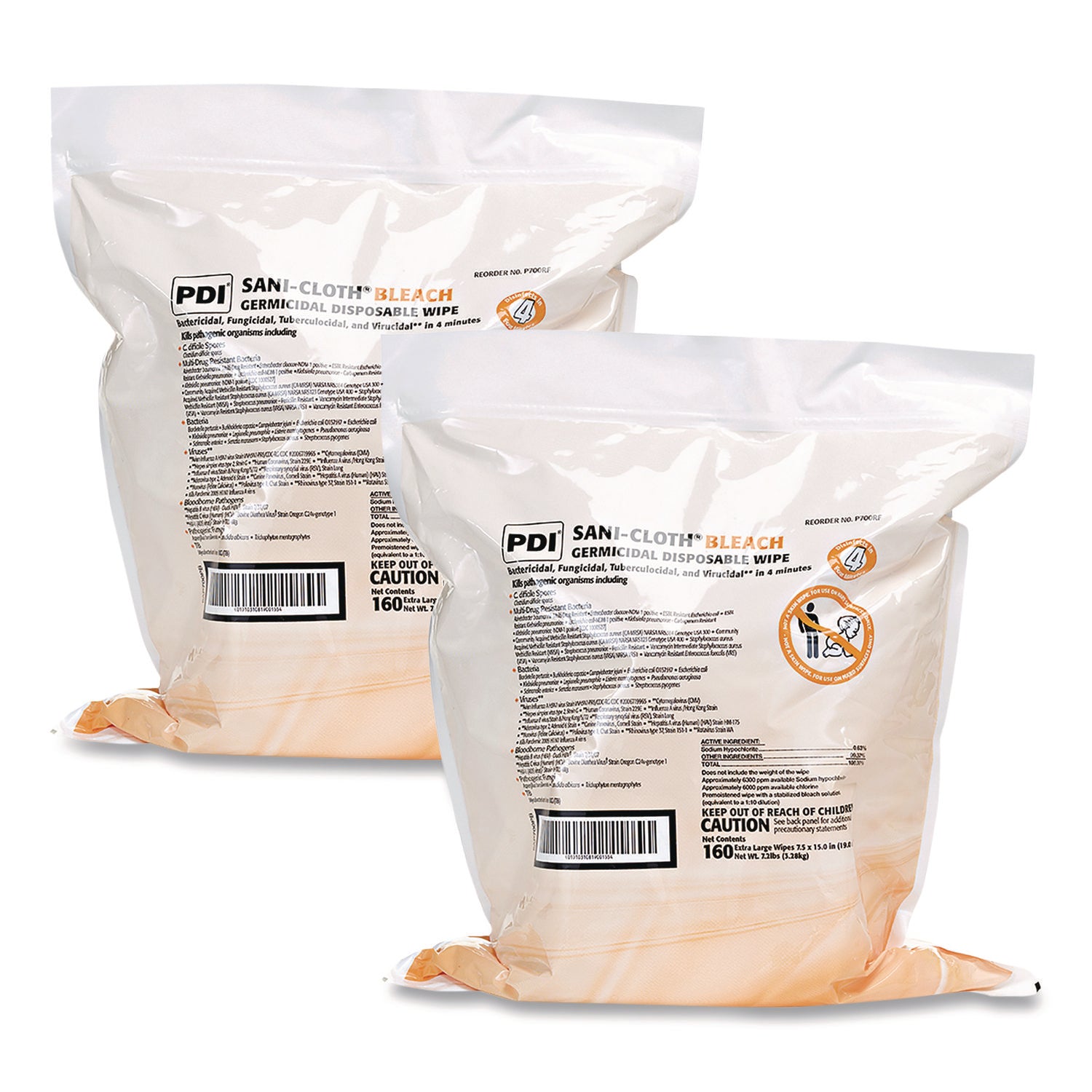 Sani-Cloth Bleach Germicidal Disposable Wipe Refill, 1-Ply, 7.5 x 15, Unscented, White, 160/Bag, 2 Bags/Carton