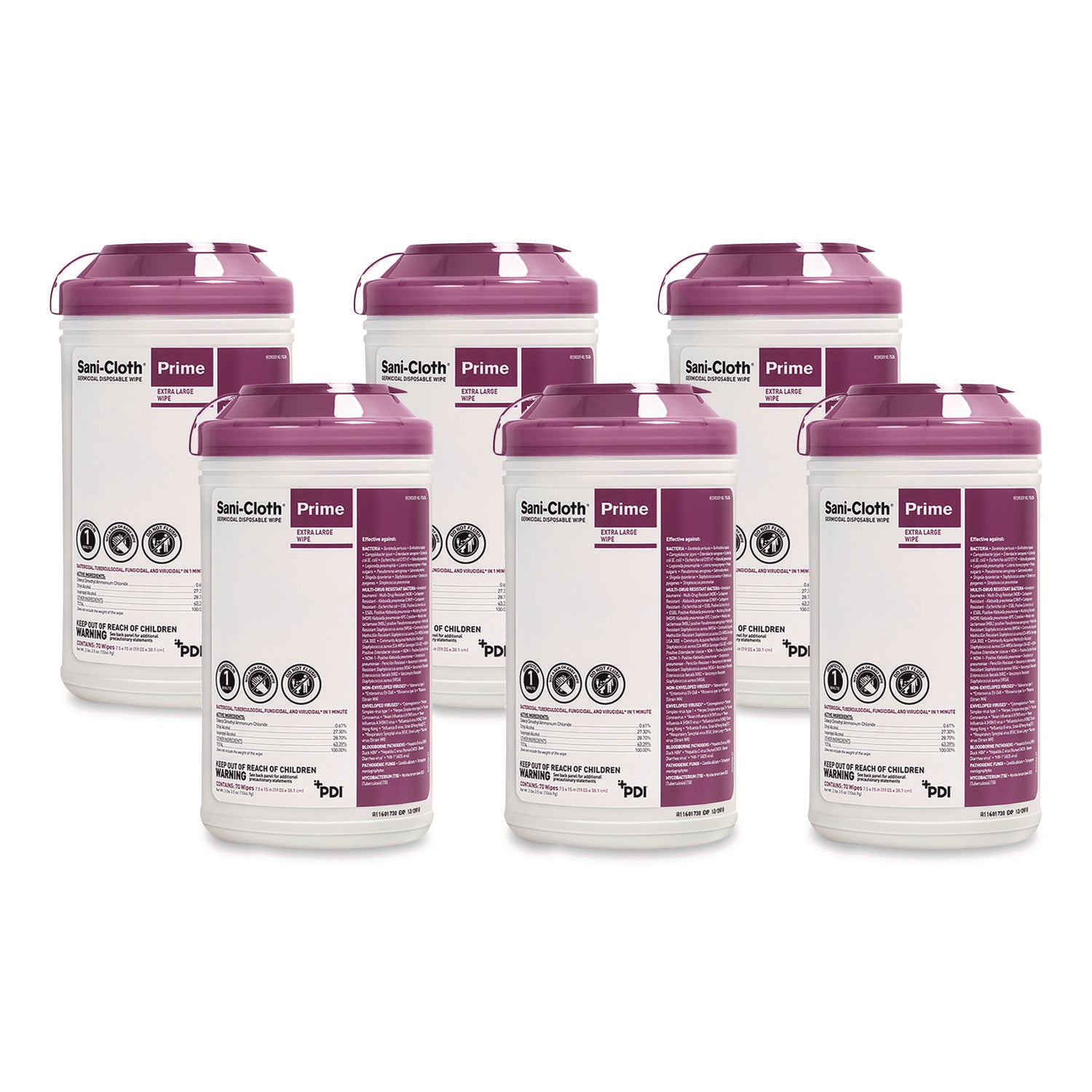 Sani-Cloth Prime Germicidal Disposable Wipes, Extra-Large, 1-Ply, 7.5 x 15, Unscented, White, 70/Canister, 6 Canisters/Carton