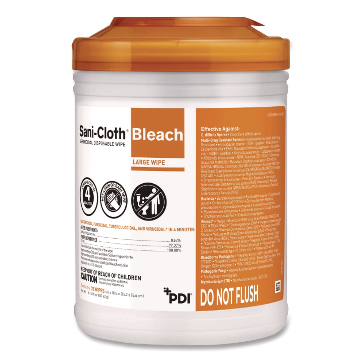 Sani-Cloth Bleach Germicidal Disposable Wipes, 1-Ply, 6 x 5, Unscented, White, 160/Canister, 12 Canisters/Carton
